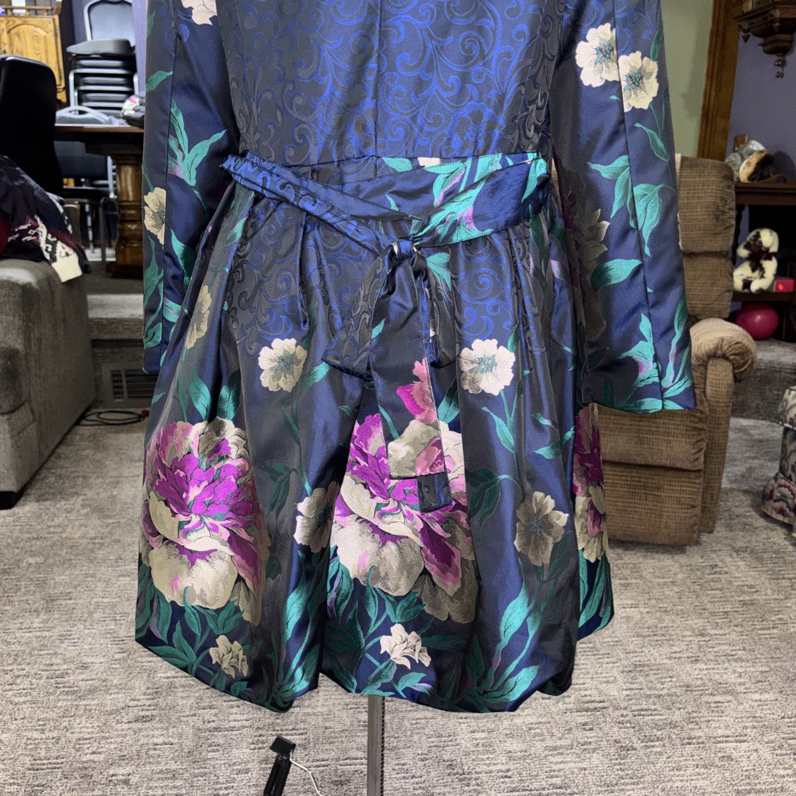 Samuel Dong Bubble Coat Trench Dress Womens Size L Blue Floral