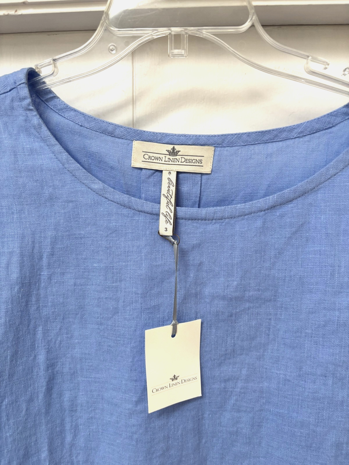 NWT Crown Linen Designs 100% Linen Tunic Top bell Slv Coastal Blue Shirt 3X 3