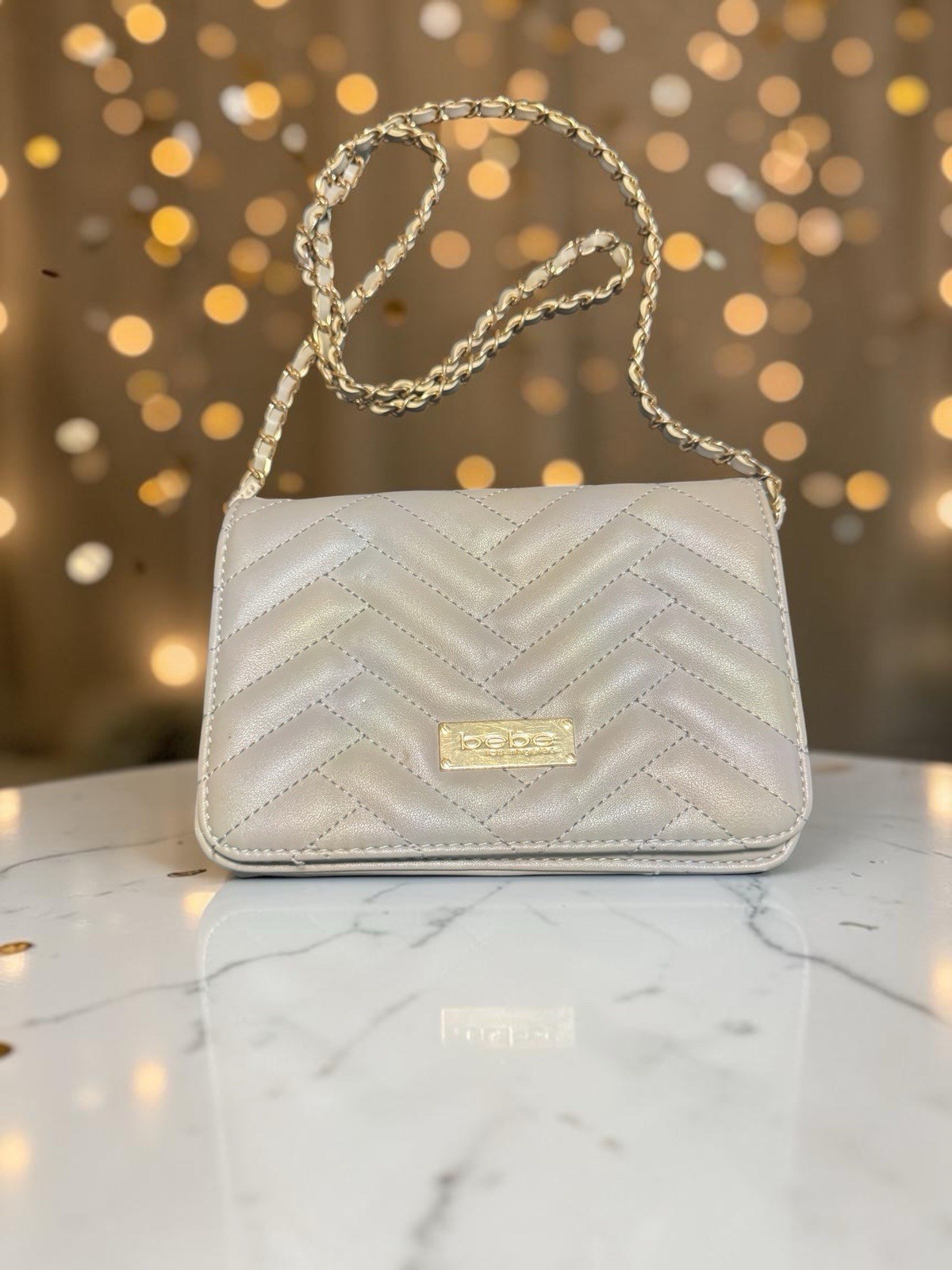 Bebe Sophia Mini Crossbody Bag – Gray/Taupe Chevron Quilted Faux Leather