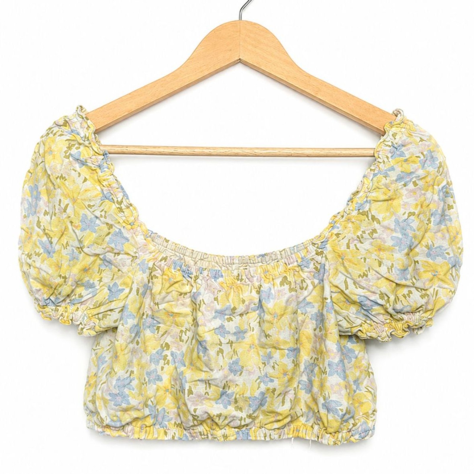 GB Yellow Floral Puff Sleeve Crop Top M Linen Blend Cottagecore Peasant Blouse