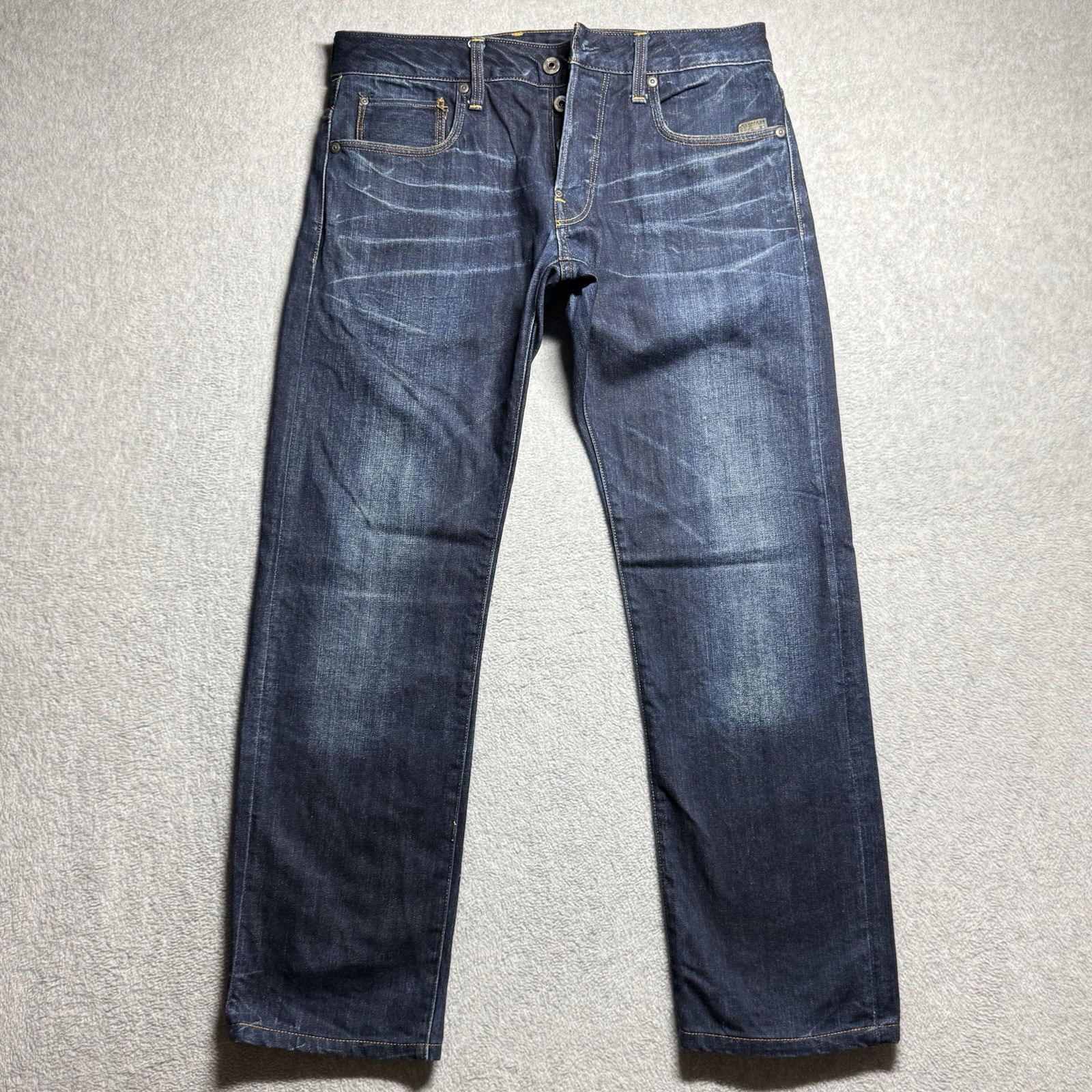 G Star Raw Jeans 31×30 Blue Attacc Straight Zip Pocket Crazy Whiskers Dark Wash