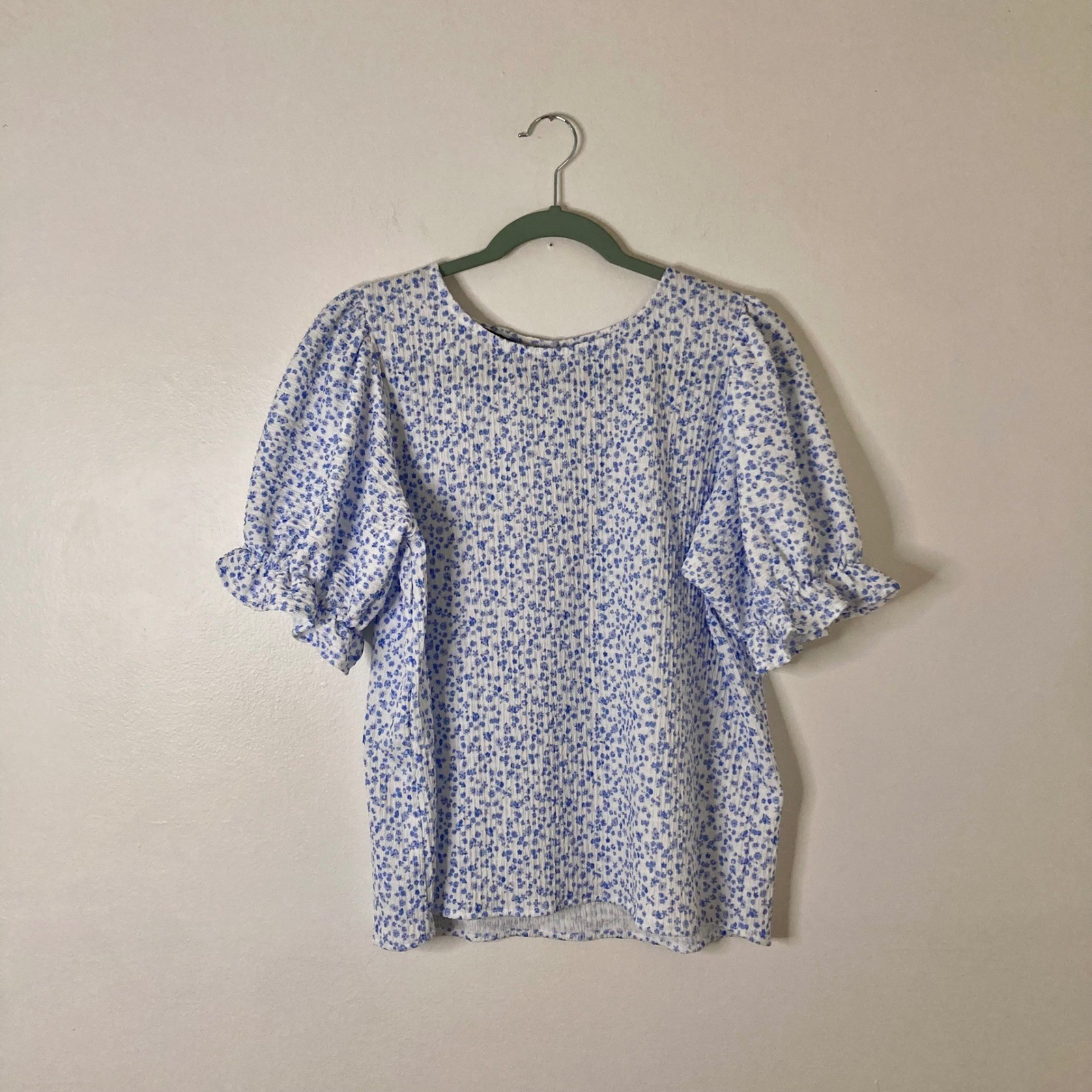 Dokotoo Prairie Blue Ditsy Floral Puff Sleeve Pintuck Blouse Cottagecore