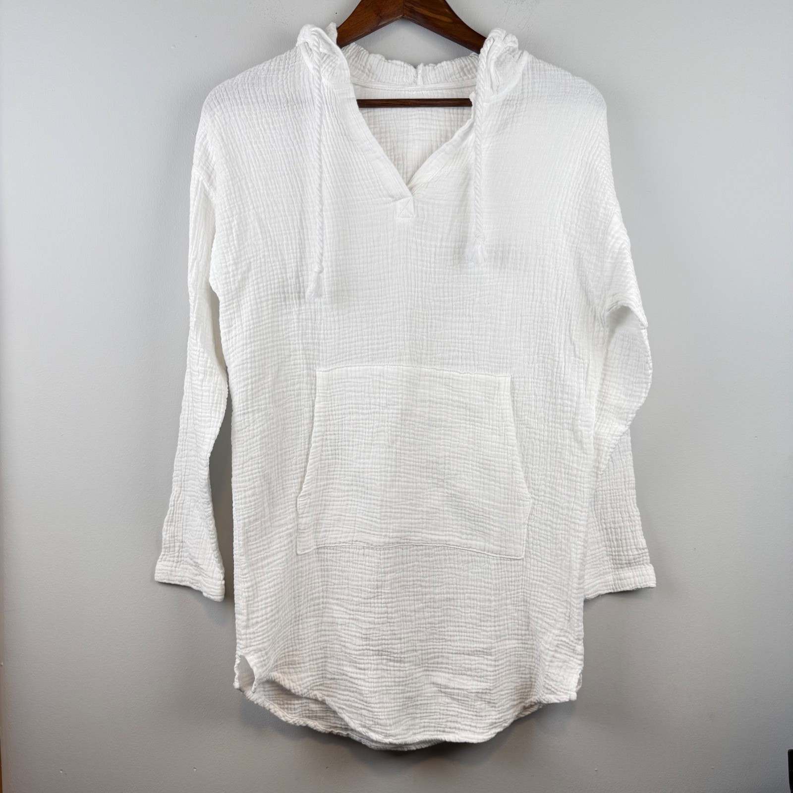 Womans Gauze Cotton Hoodie Beach Cover Up M White Tassel Coastal Vacation Resort