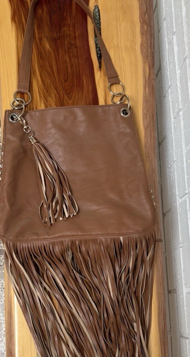 Imoshion Brown Fringe Studded Shoulder Bag Floral Lined, Zip/Snap, Pockets
