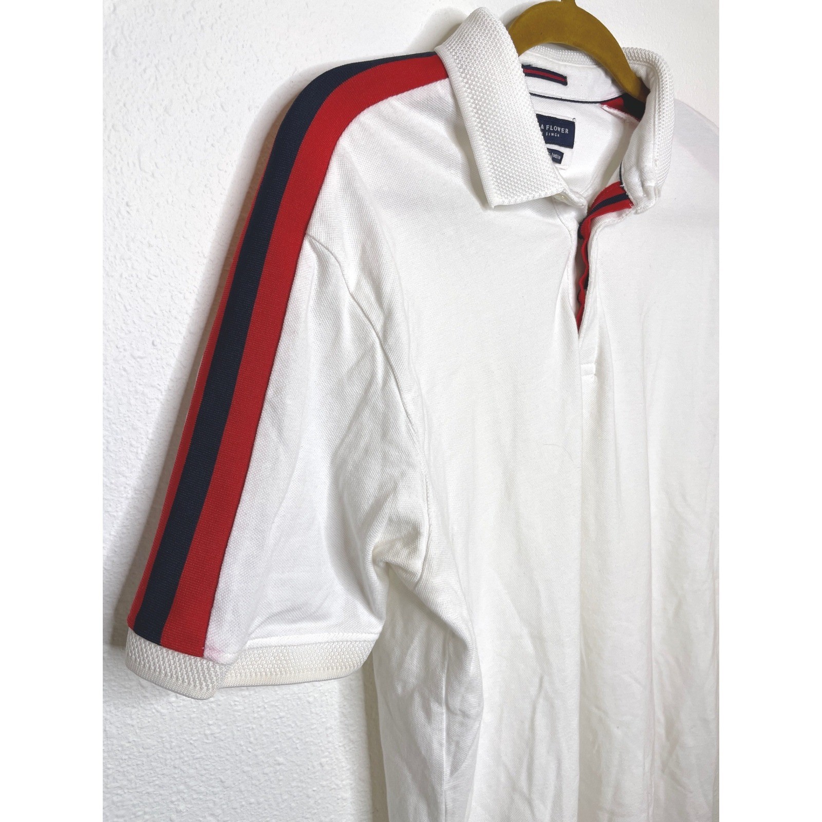Denim & Flower Mens Polo Shirt Racing Stripe Shoulder XL White, Red, Blue