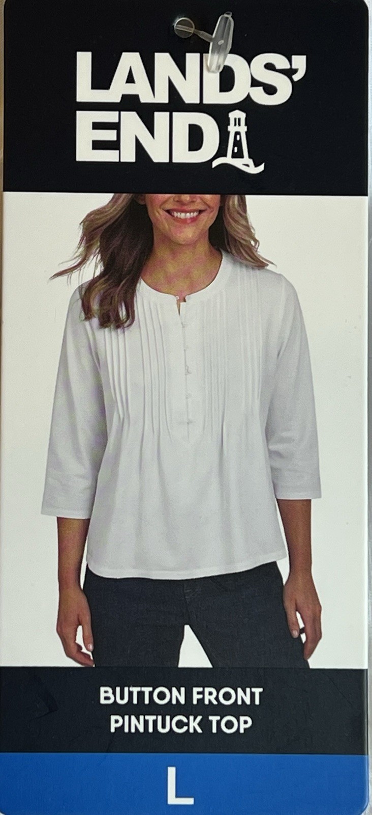 Lands’ End Women’s Pintuck 3/4 Sleeve Top White Cotton/Modal (L)