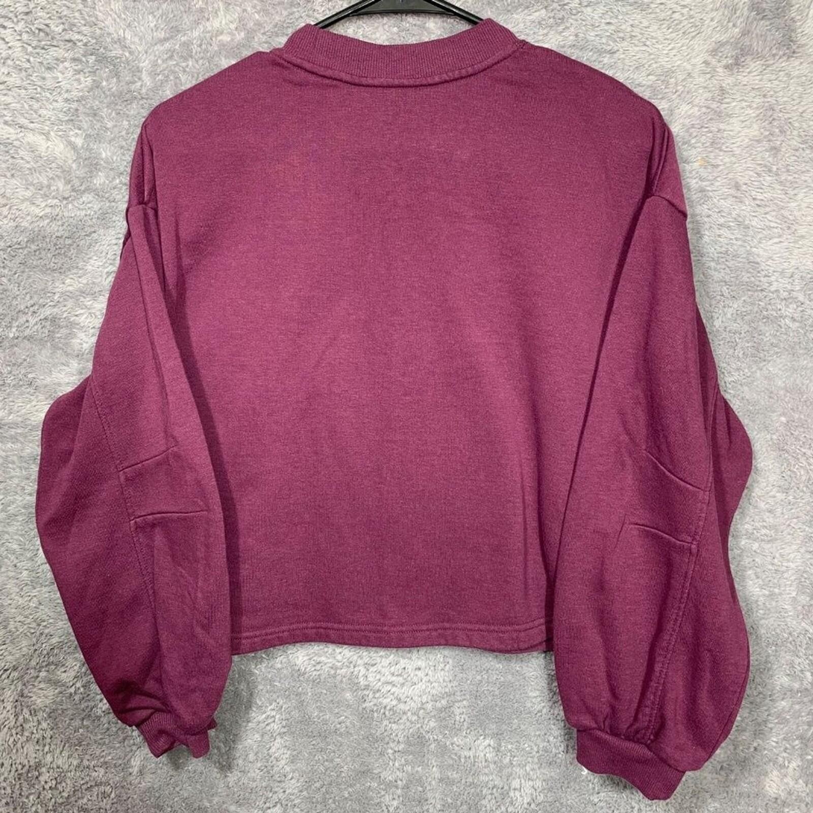 Primark Sweatshirt Womens S Burgundy Cropped Puff Sleeve Fleece Pullover Relaxed