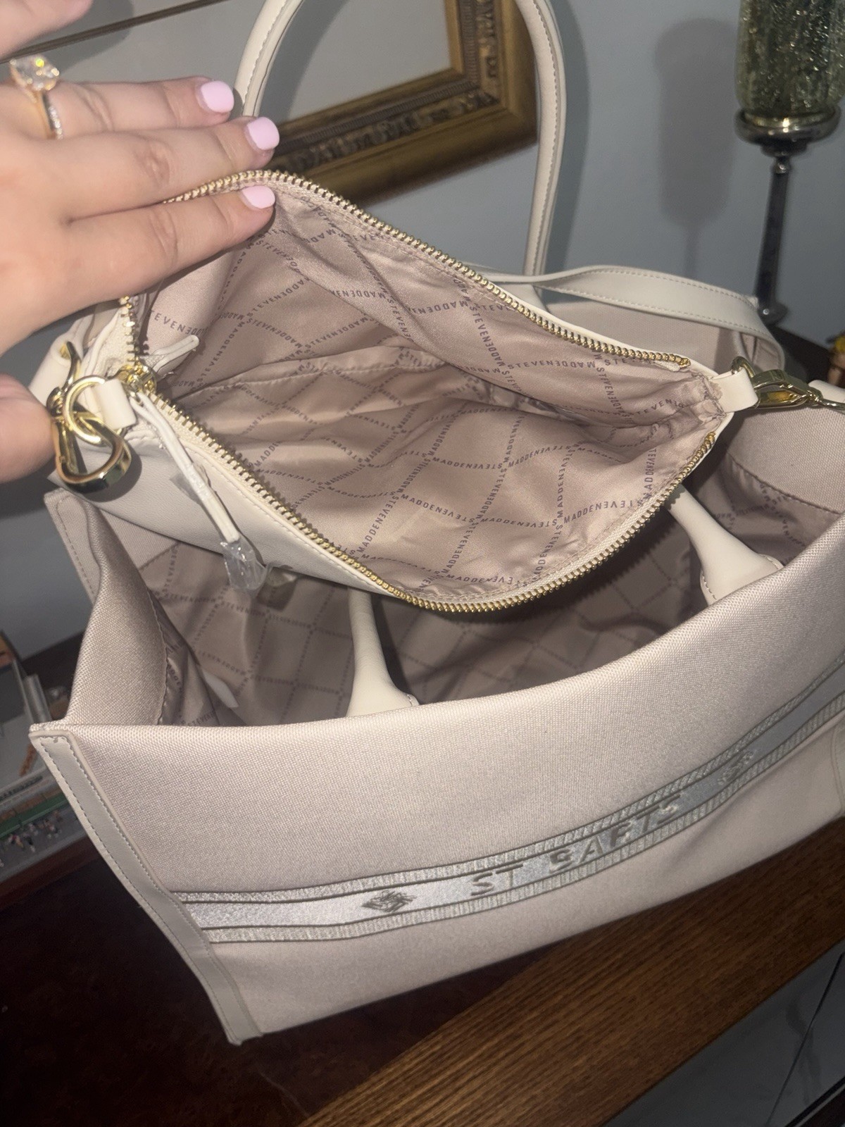 Steve Madden Beige Logo Tote Bag w/ Pouch Detachable Strap Zip Magnetic Pockets