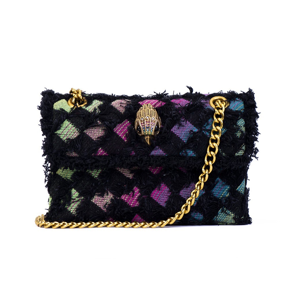 Kurt Geiger London Black Frayed Grid Tweed Crossbody Bag Gold Chain 19cm