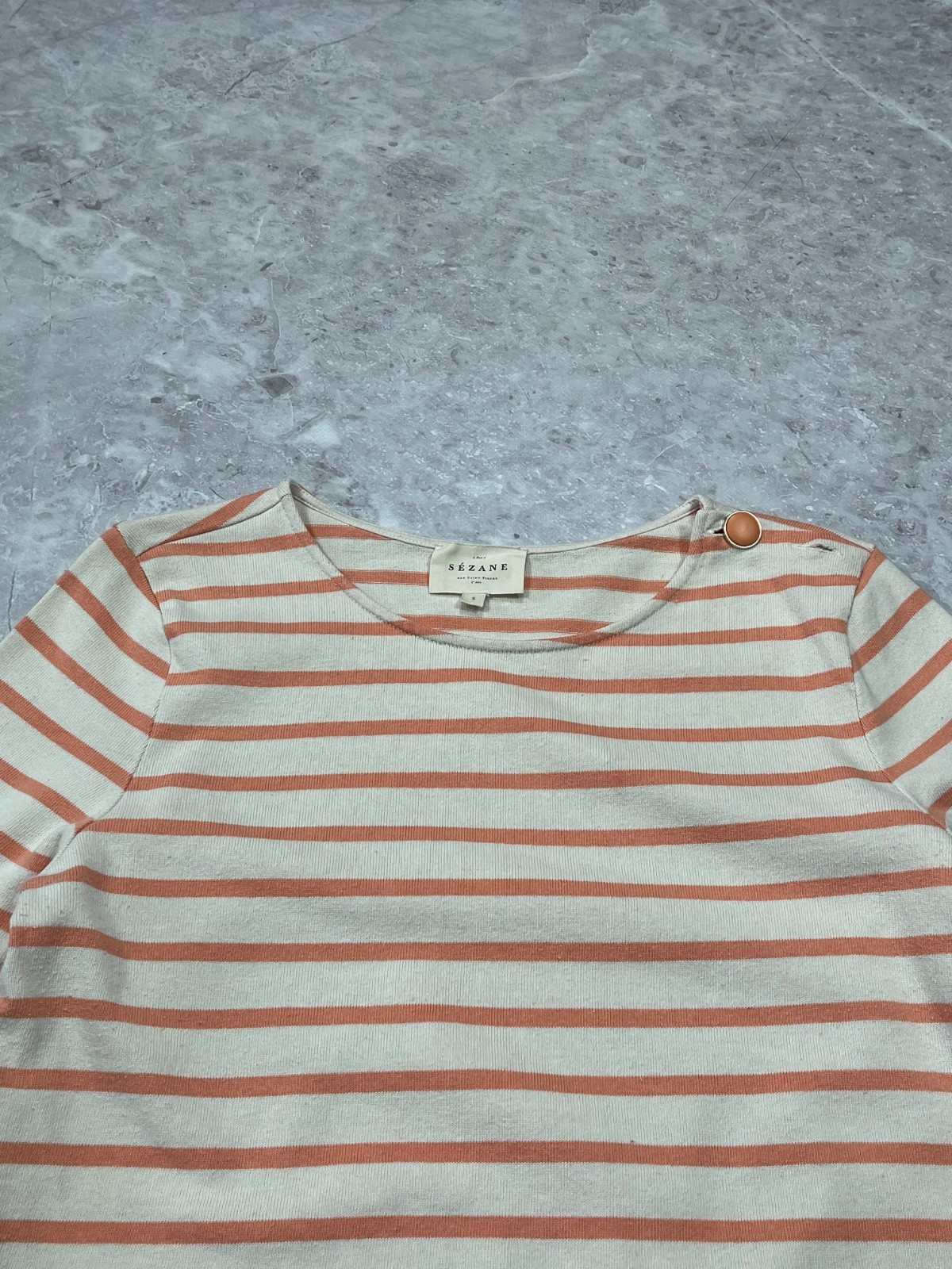 SEZANE Paris Women Striped Top Long Sleeve Button Shoulder Ecru Peach Orange