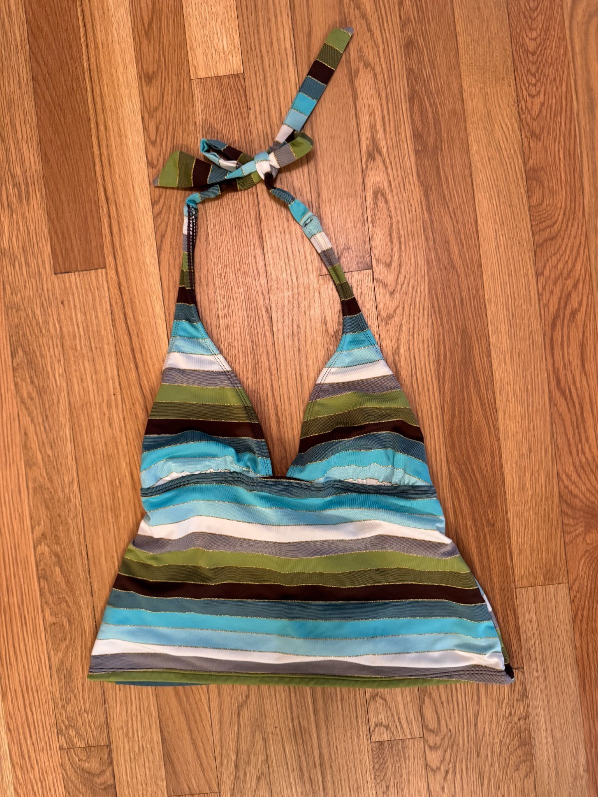 Sand N Sun L 12/14 Striped Halter Tankini Top Blue Green Brown Swimwear