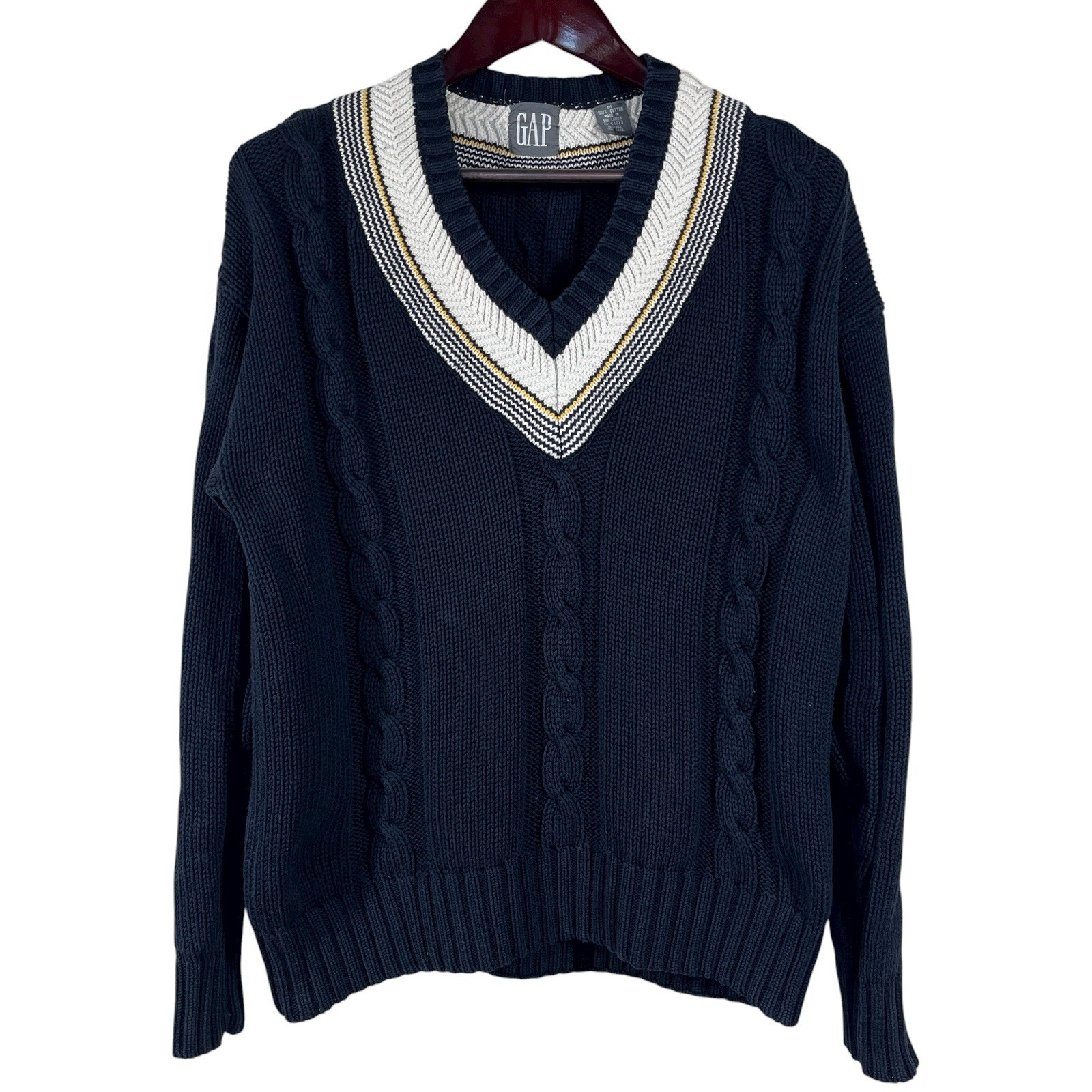 Vtg Gap Cable Knit V-Neck Tennis Sweater Mens M Navy Cotton Preppy Criquet