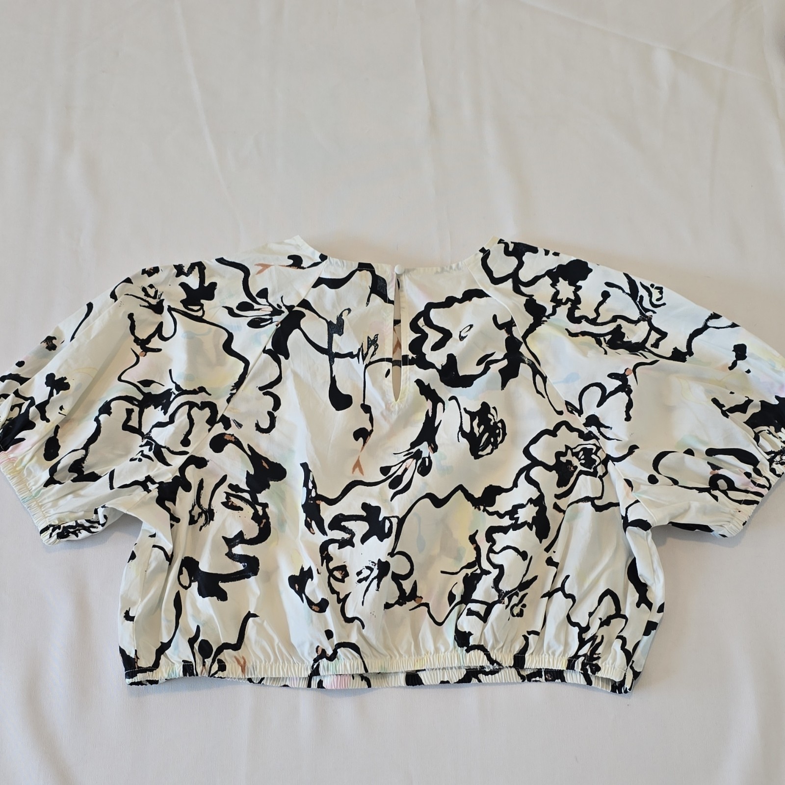 A New Day Women’s Cropped Abstract Cotton Puff Sleeve Blouse, L White/Black