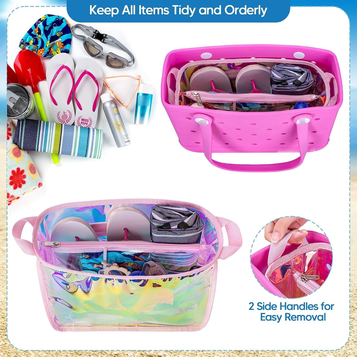 Iridescent Waterproof Beach Bag Organizer Insert for Bogg Bag – Pink 12.4×10.2in