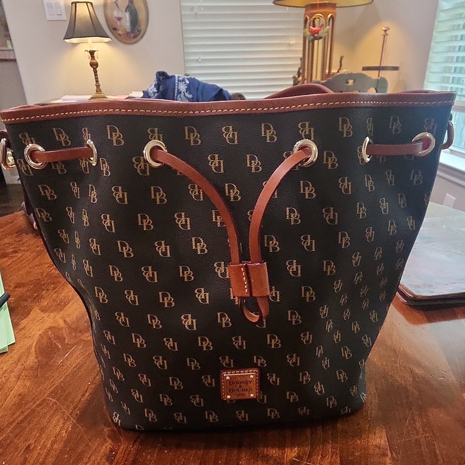 Dooney & Bourke Logo Drawstring Bucket Bag Brown Red Lining Adjustable Strap