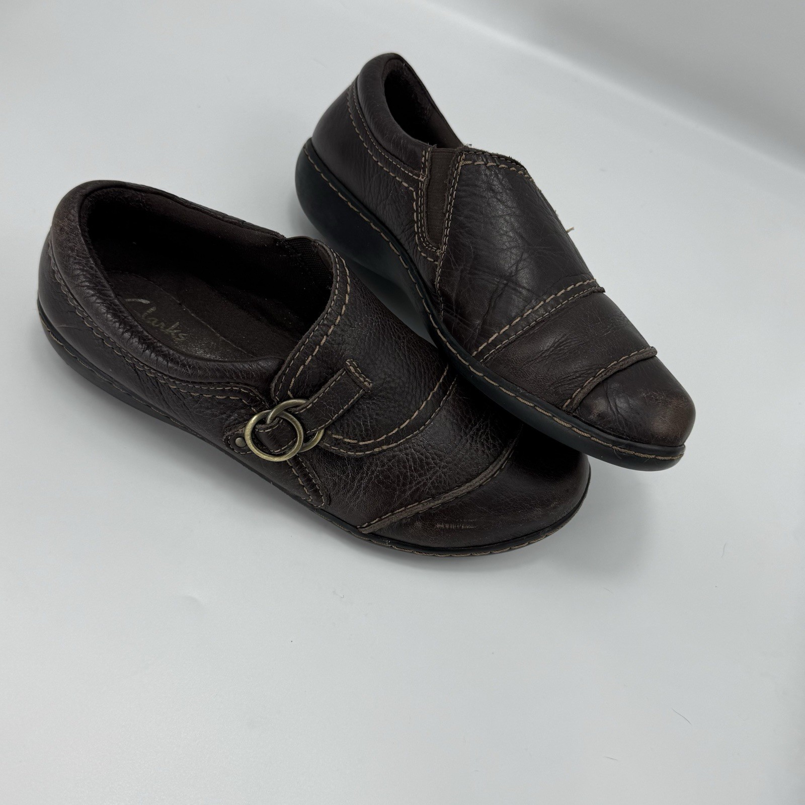 Clarks Ashland Indigo Brown Leather Casual Slip On Loafers Ladies Size 8.5