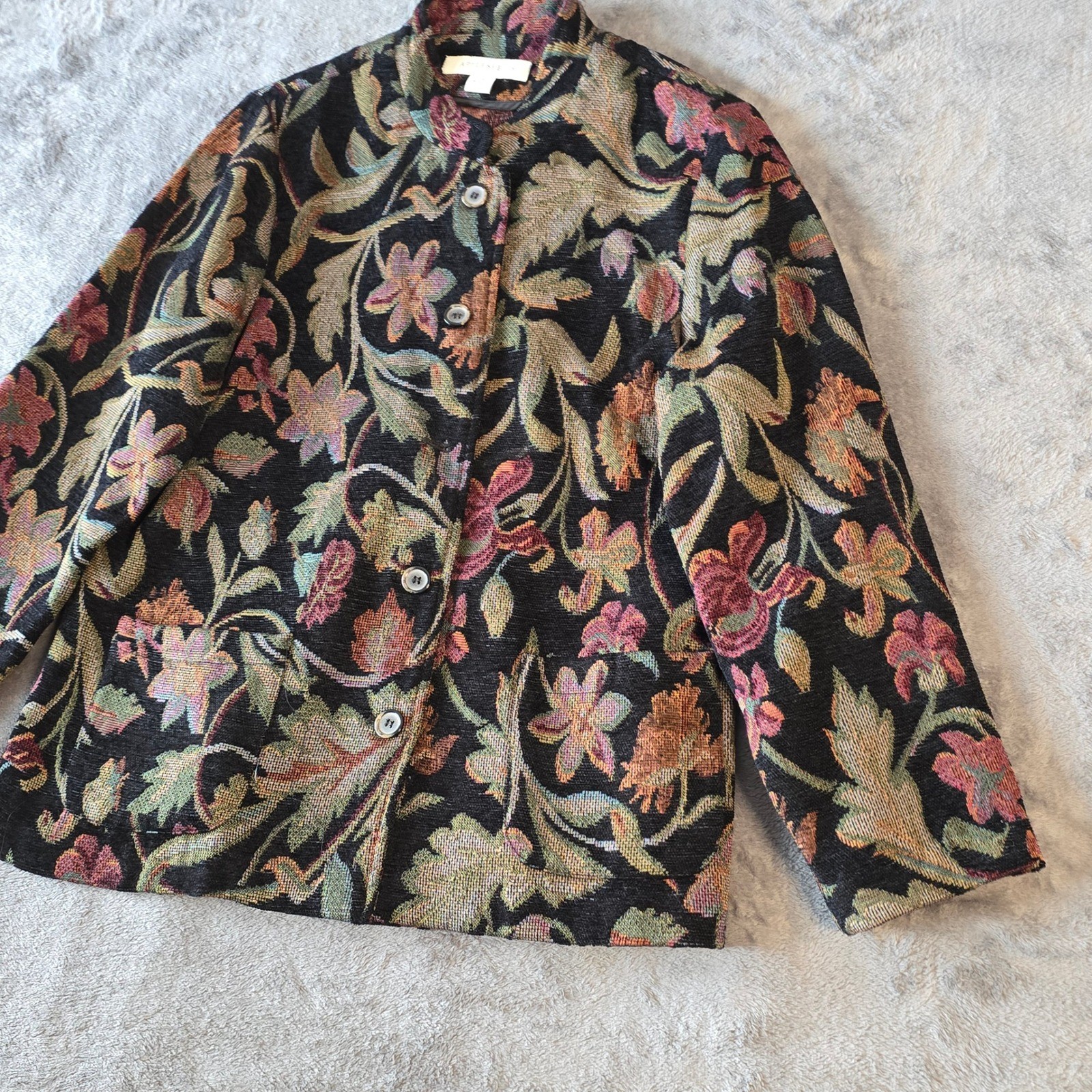 Appleseeds Womens Jacket Blazer Size 12 Floral Tapestry Black Multicolor Vintage