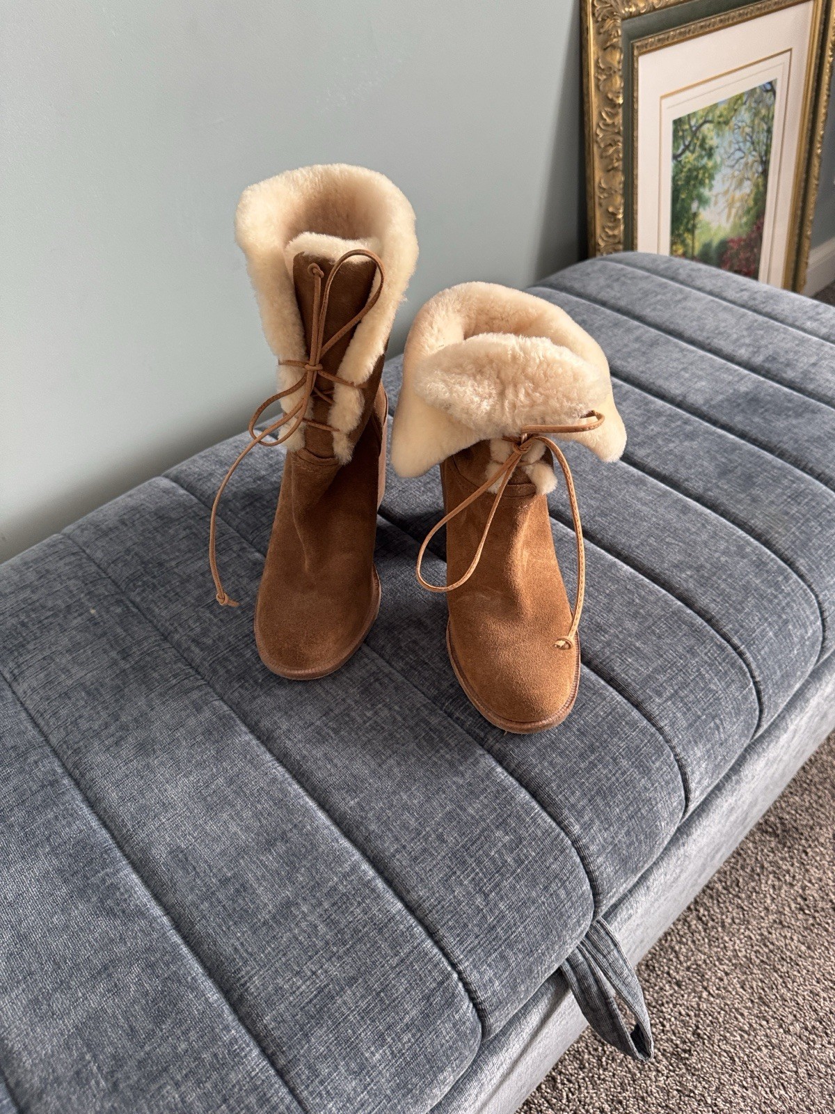 Women’s Suede Mid-Calf Lace-Up Winter Boots Faux Fur Lined Brown/Beige 7
