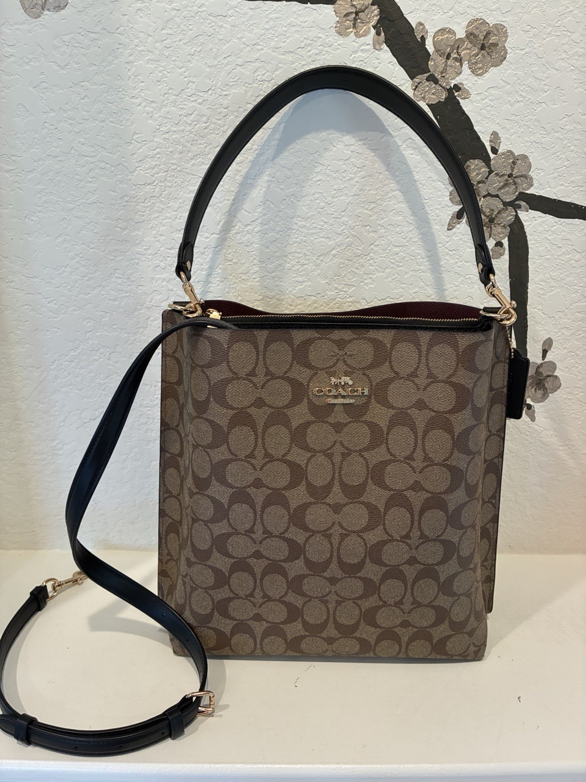 COACH Lg Mollie Bucket Signature Logo 2way Shoulder Bag CA561 Brown/Black/Gold