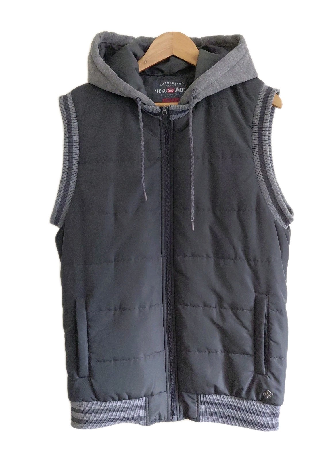 Ecko Unltd. Mens Hooded Bodywarmer Gilet Size 2XL Black Grey Puffer Style
