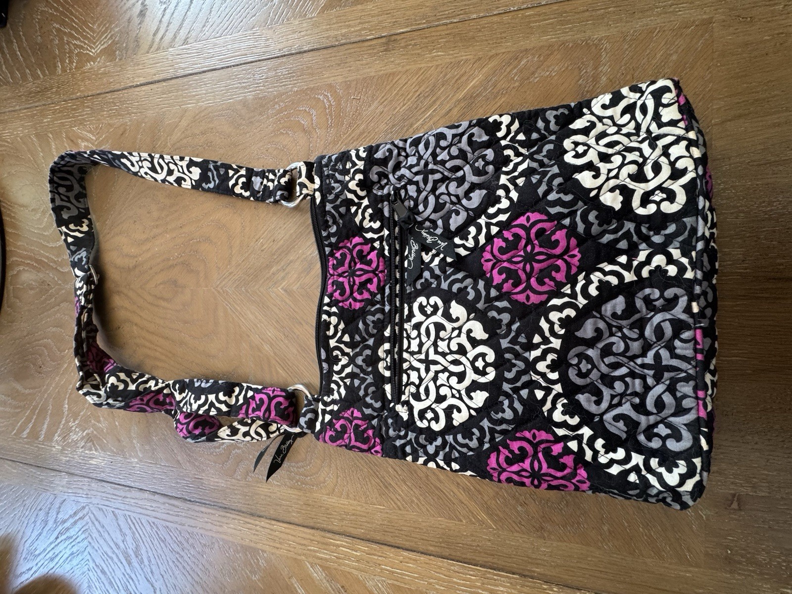 Vera Bradley Quilted Floral Shoulder Bag Black White Gray Pink Zip