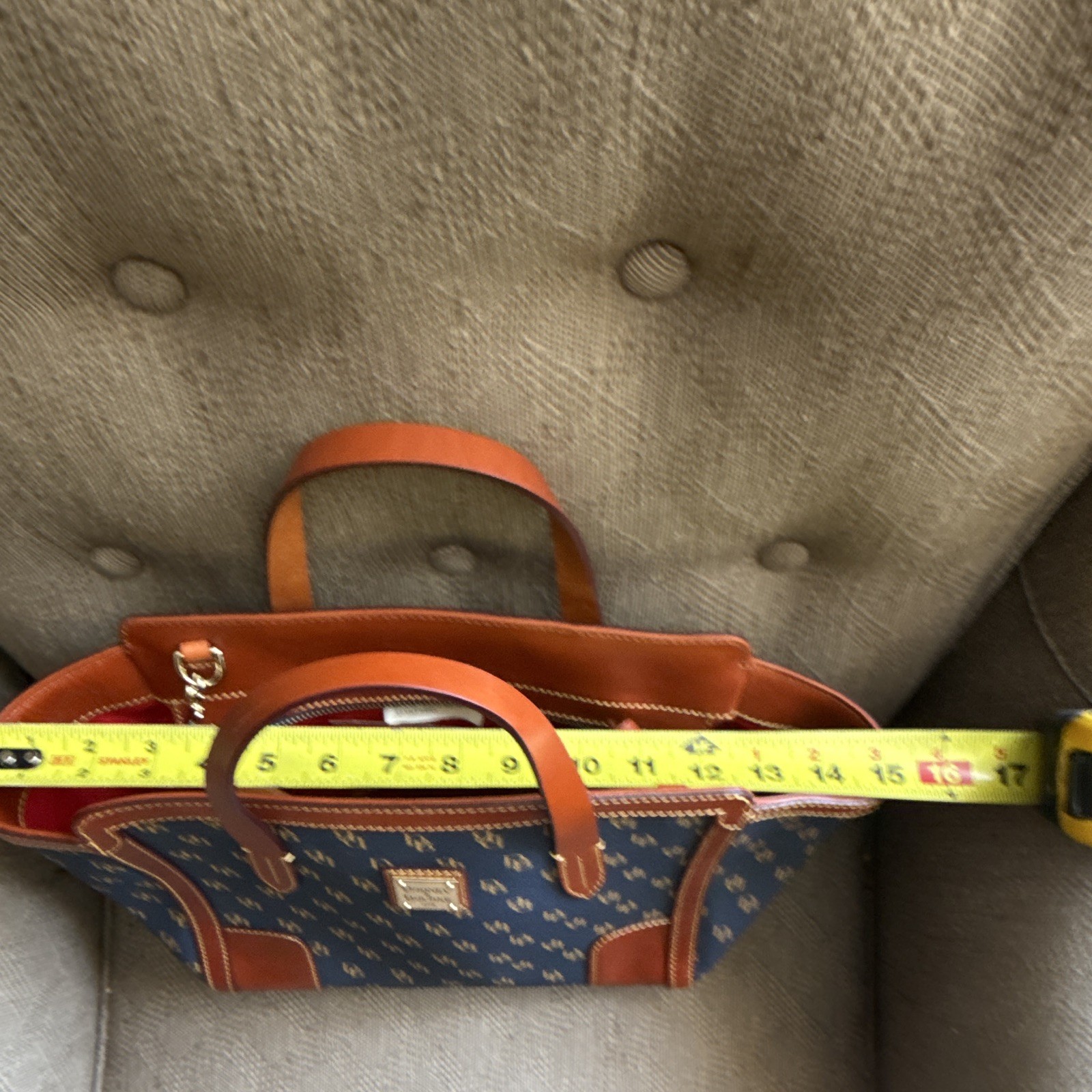 Dooney & Bourke Navy/Brown Monogram Zip Satchel, Strap, Gold Hardware, Pockets