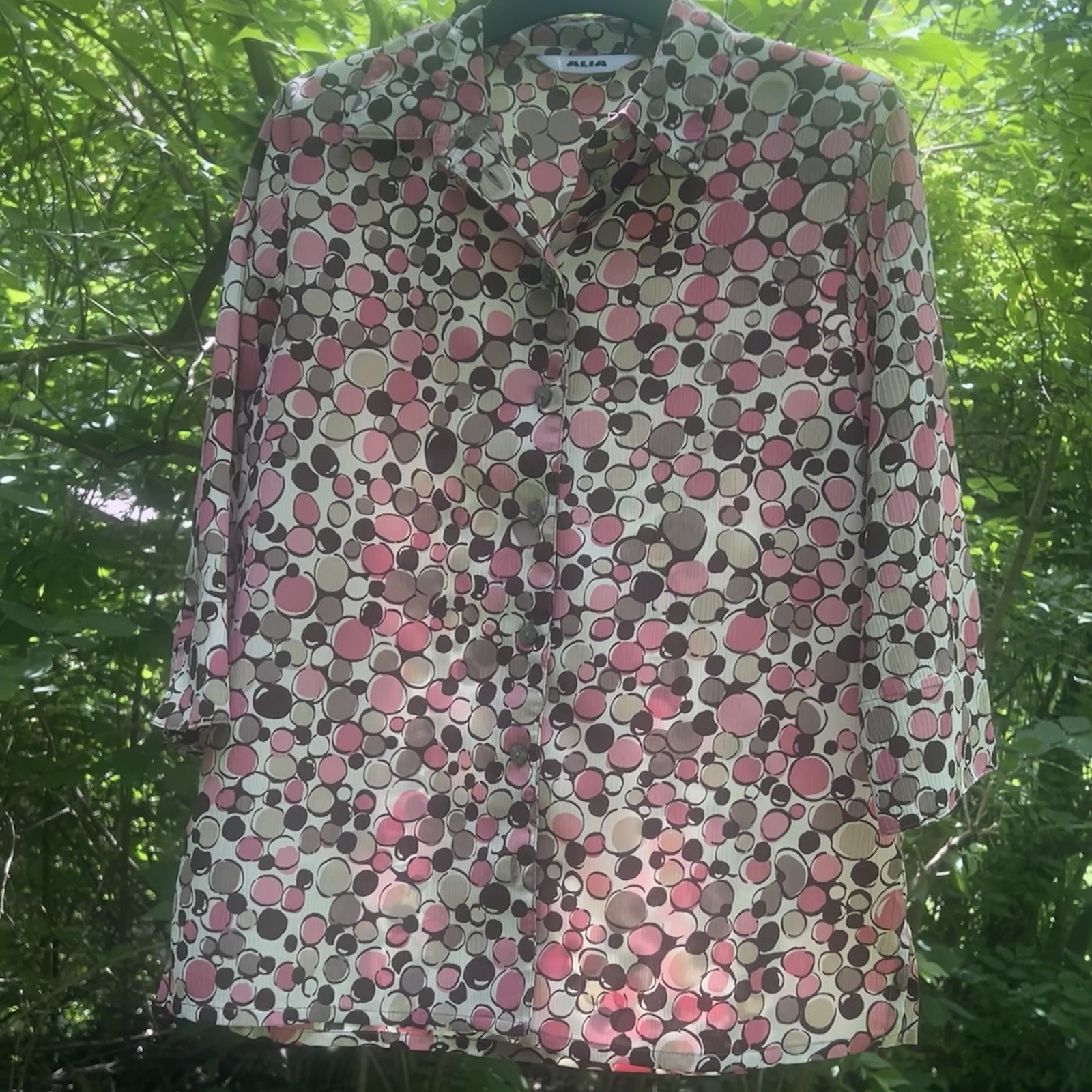 Vintage Y2K Alia Pink & Brown Retro Bubble Print Button Down Blouse