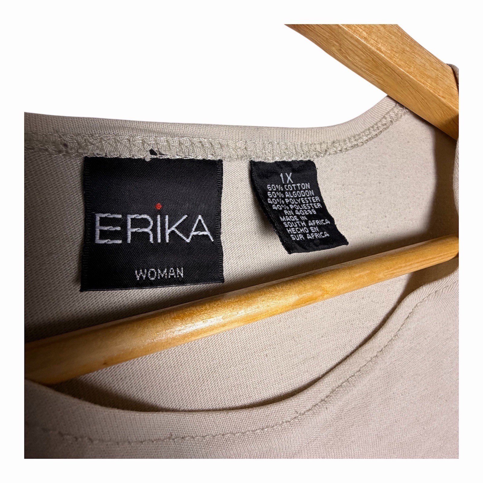 Erika Women 1X Striped Tunic Top Beige Black 3/4 Sleeve Casual Stretch Tee