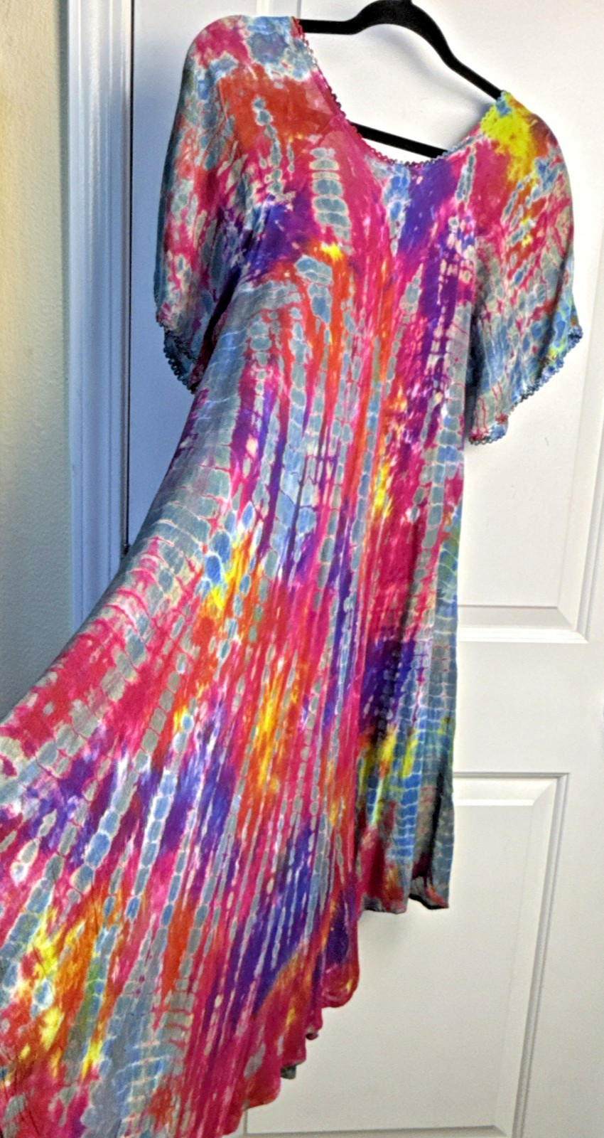 India Boutique Womens Dress Boho Flowy Coverup OS Tie‑Dye Paint Floral Lace Trim