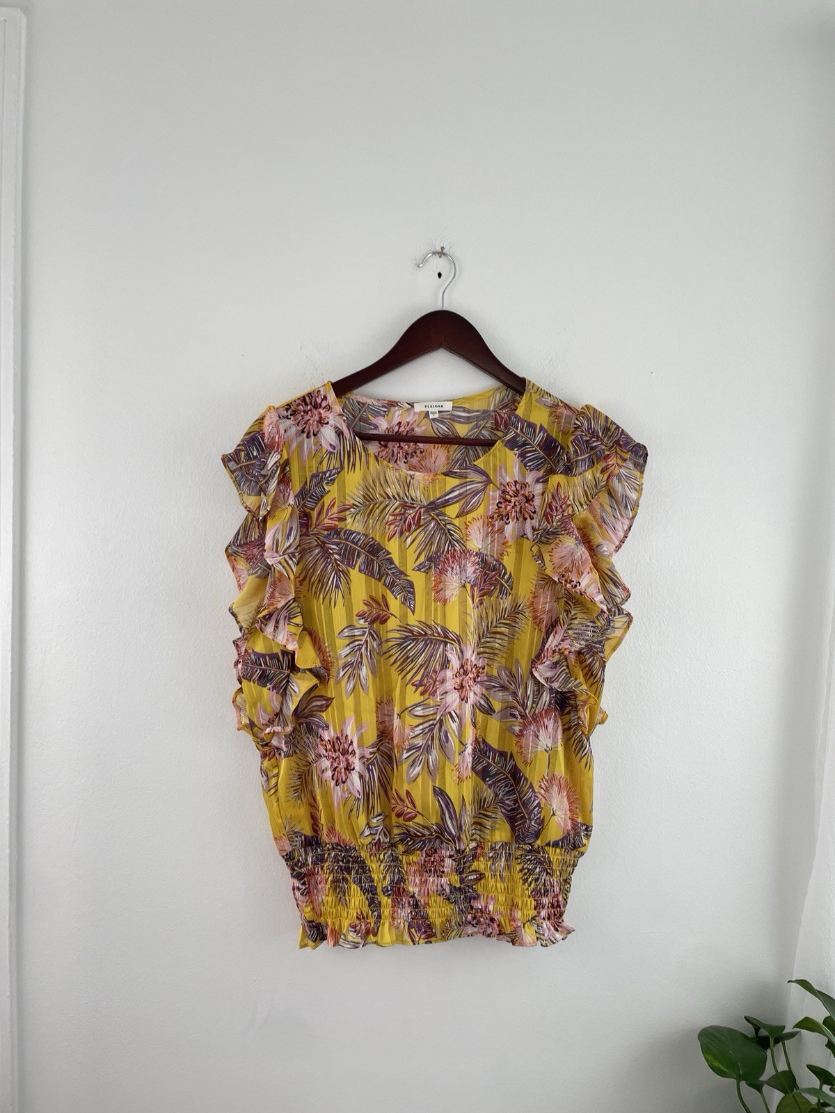 Pleione L Yellow Floral Ruffle Cap Sleeve Blouse Top Women’s Large