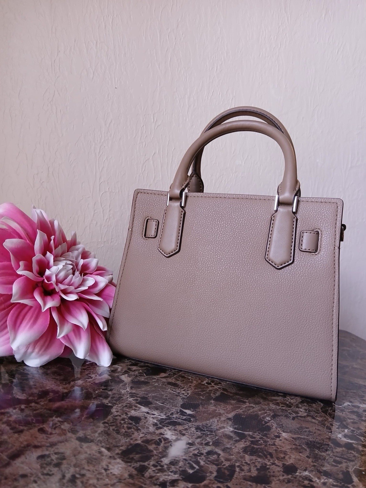 Michael Kors Beige Brown Animal Print Satchel Top Handle Zip Gold Charm Pockets