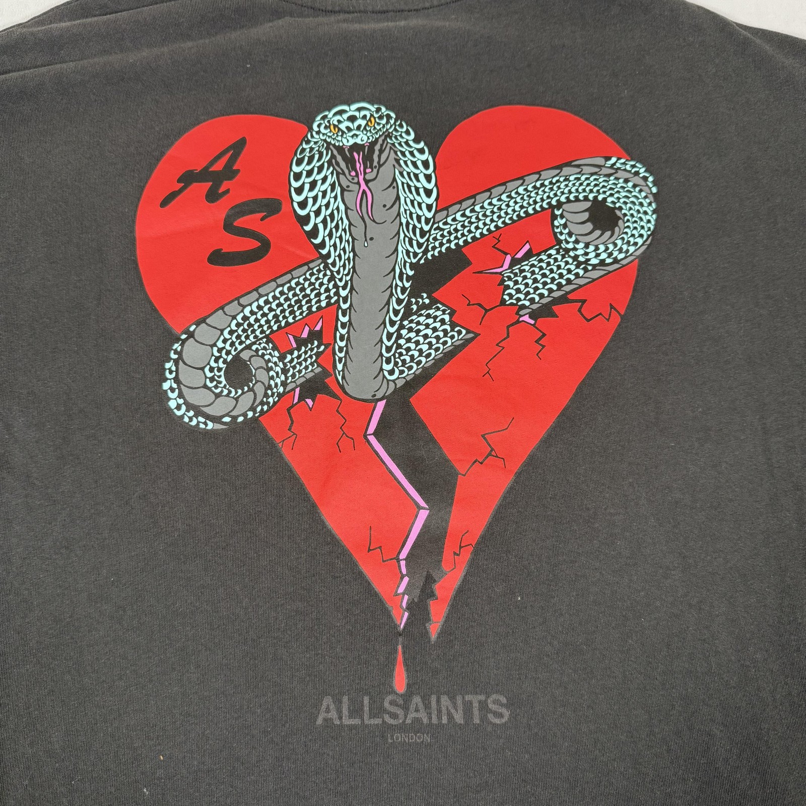 All Saints Shirt Mens Medium Black Oversized Snake Heart Tee Organic Cotton Gym
