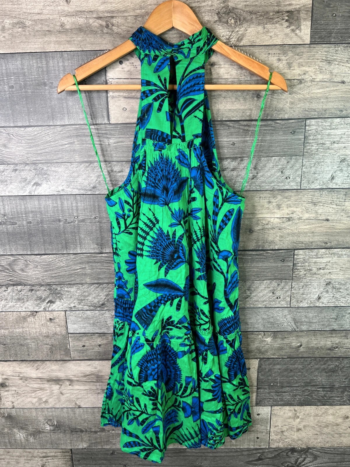 Accessorize Fan Halterneck Mini Dress Size Medium Green Blue Floral Cotton
