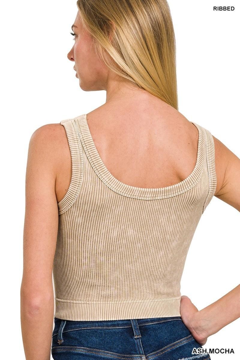 ASH MOCHA ZENANA STONE WASHED RIBBED SEAMLESS BRA TANK TOP