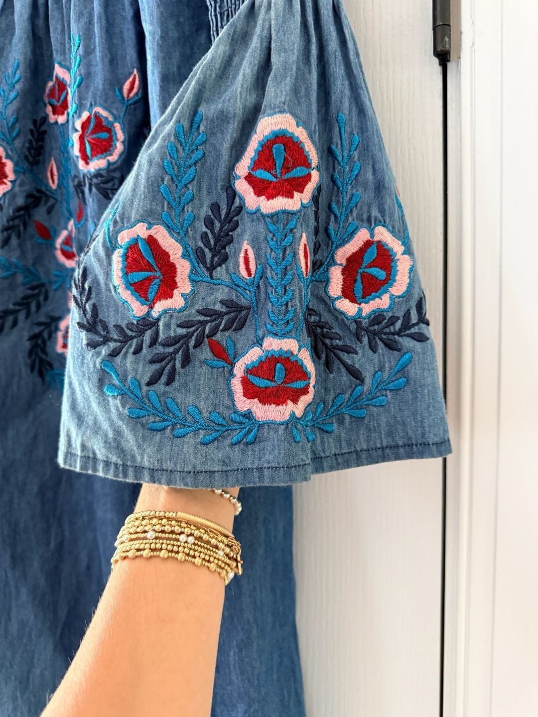 A&A Boho Off-The-Shoulder Embroidered Chambray Bell Sleeve Dress