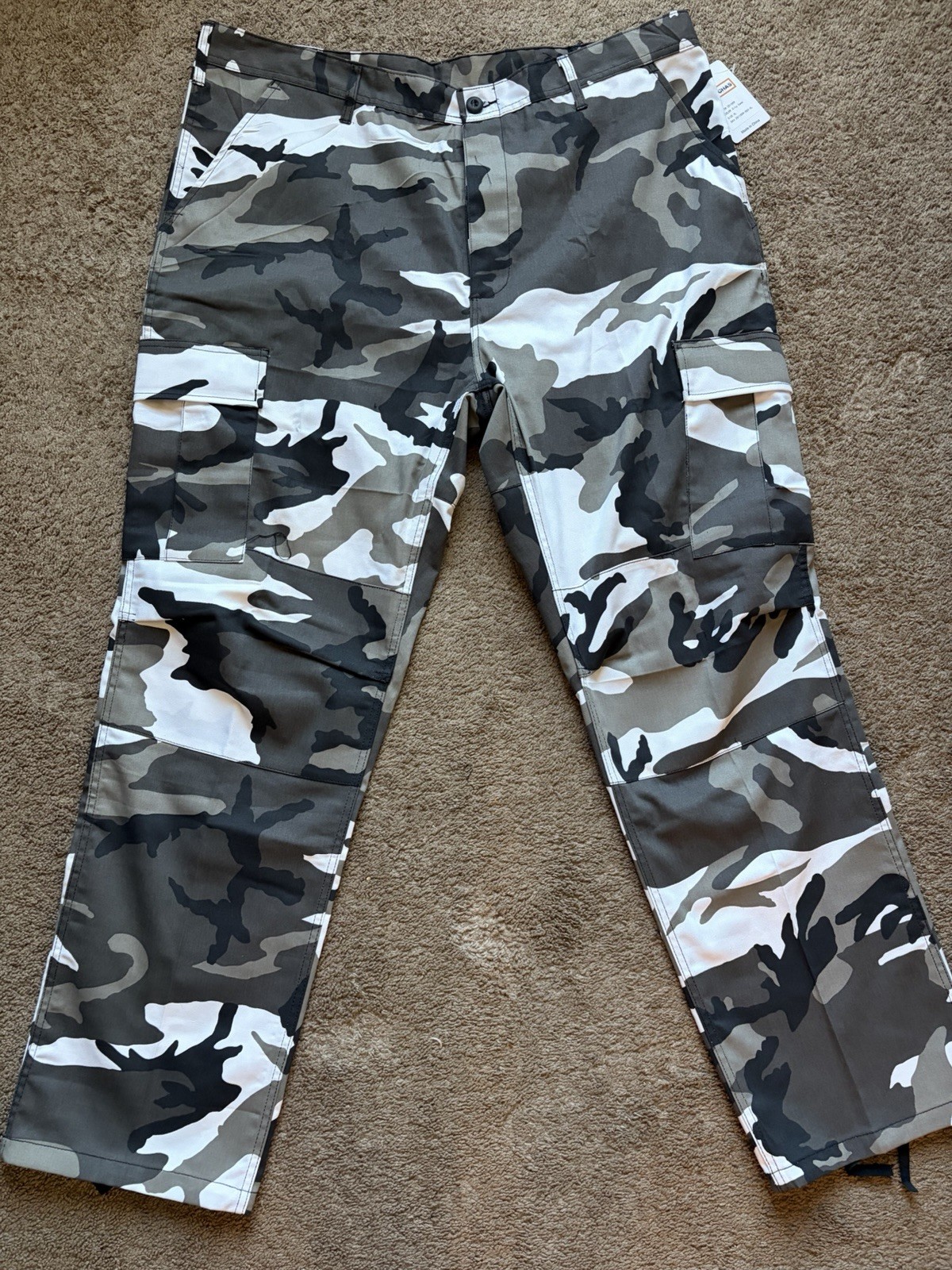 Men’s XL Regular Gray Black White Camouflage Cargo Pants Adjustable Waist