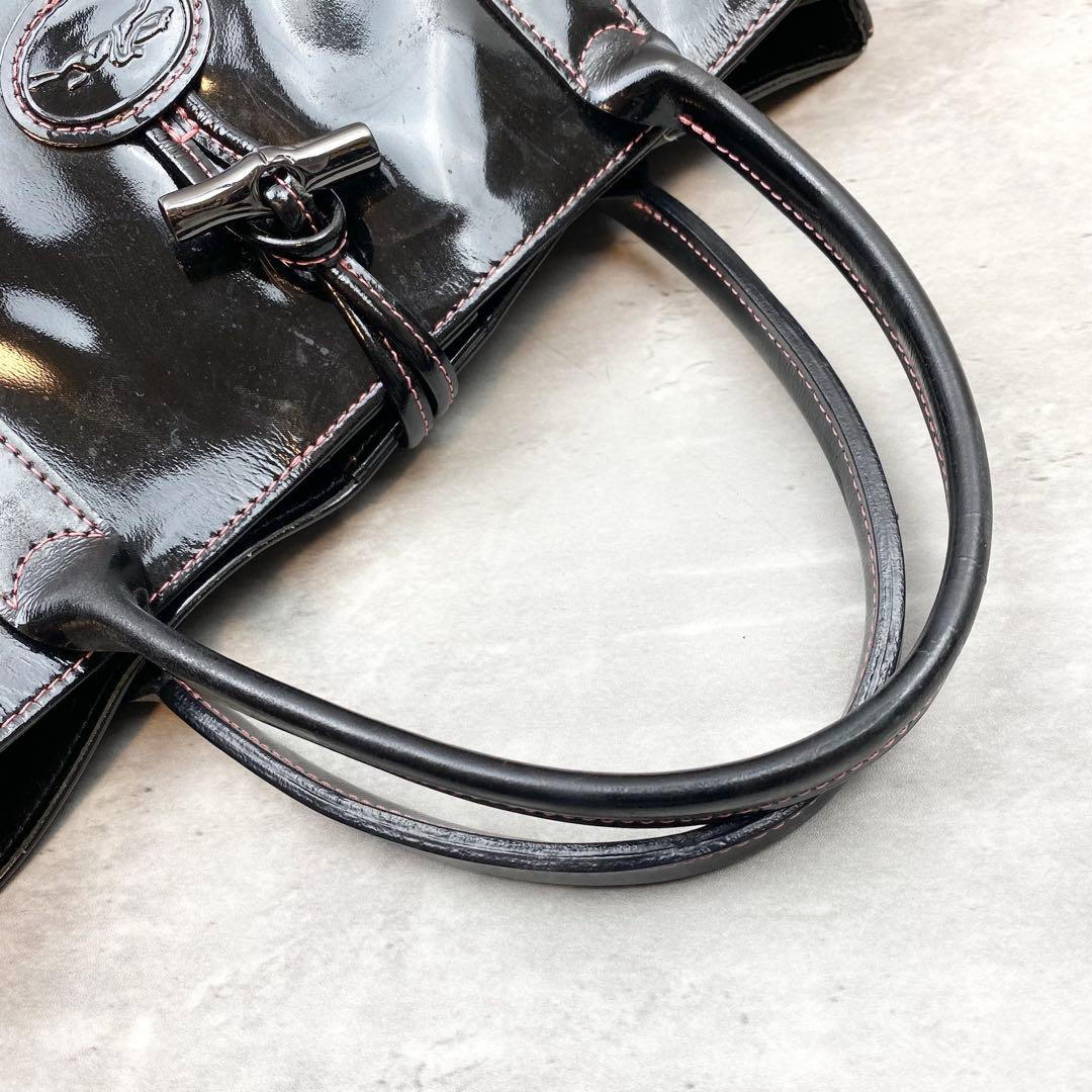 Longchamp Roseau Tote Bag Black Patent Leather A4 Documents Work 13.7in Auth