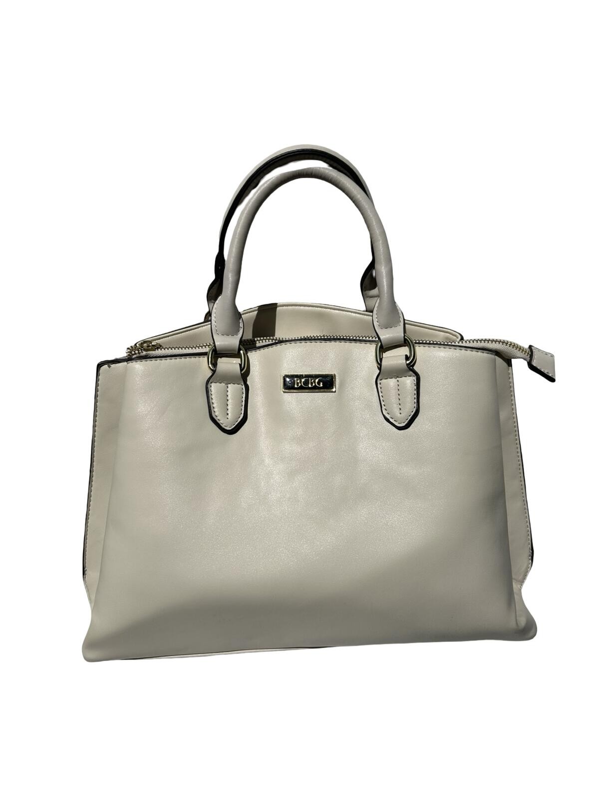 BCBG Cream Ivory Satchel Handbag Faux Leather Tote Purse Gold Hardware