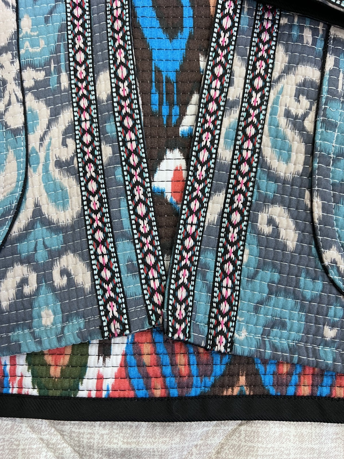 Handmade Reversible Women’s Boho Open Front Cardigan Blue Tribal Print Pockets