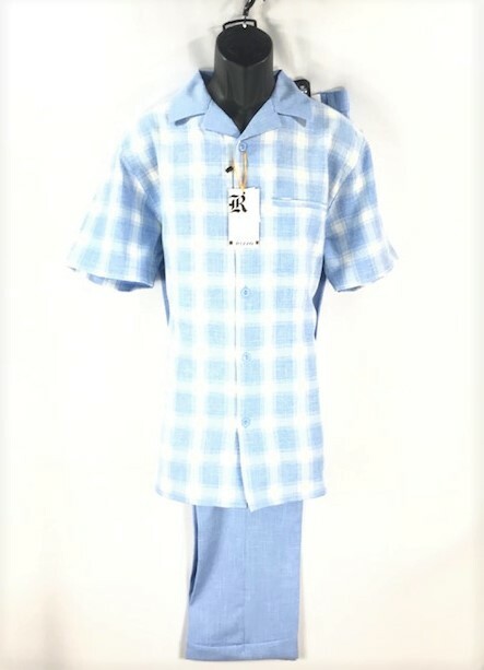 Rizzo Men 2 Piece Blue White Leisure Suit Pleated Cuffed Hem Pants Sizes M – XL