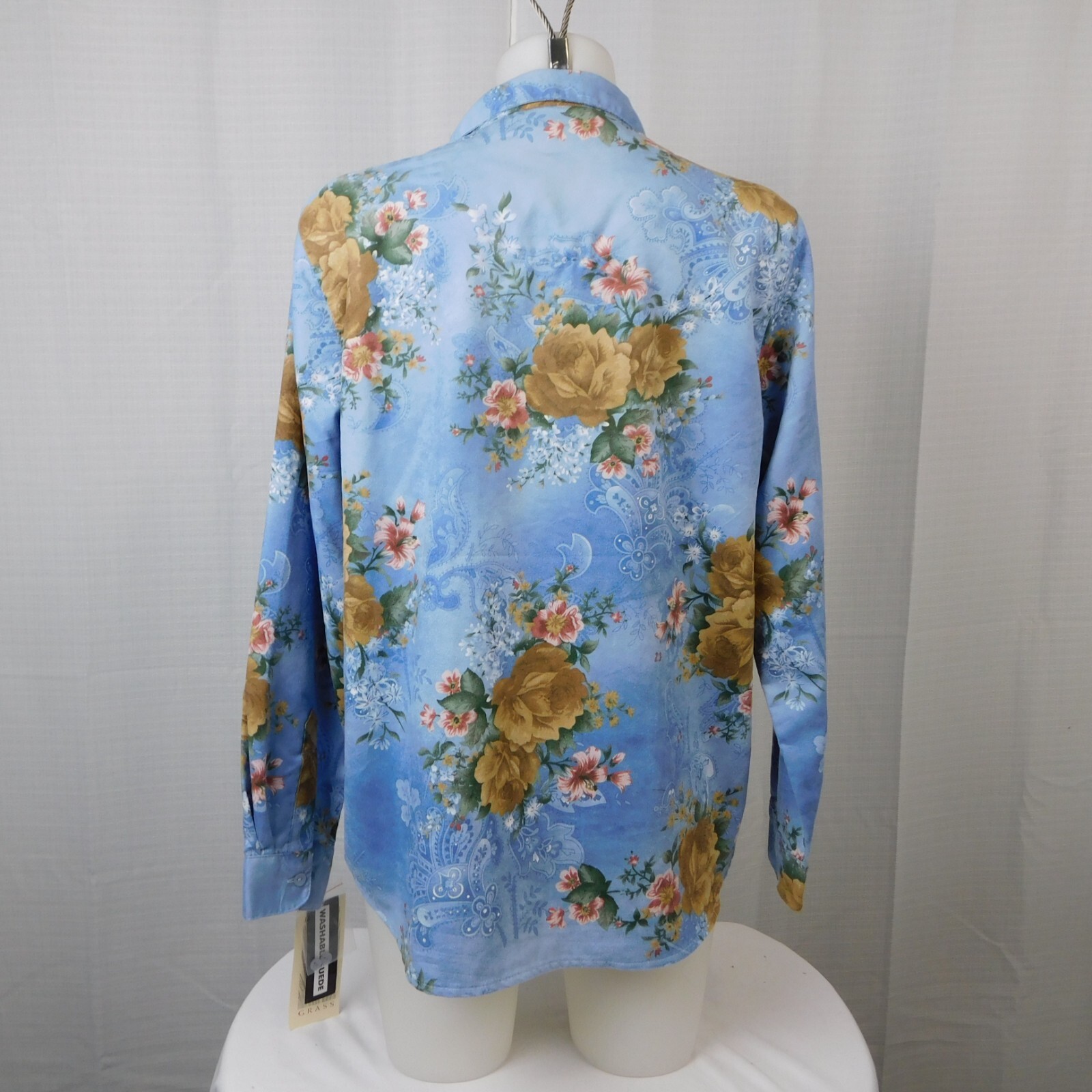 Lemon Grass Washable Suede Rose Floral Long Sleeve Button Up Shirt Blue Medium