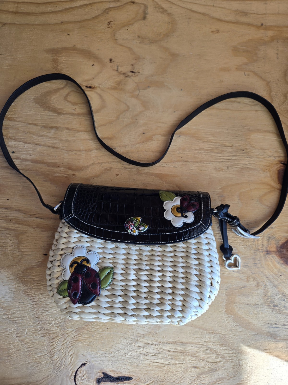 Brighton Woven Small Crossbody Bag Black Leather Strap Flap Magnetic Lined