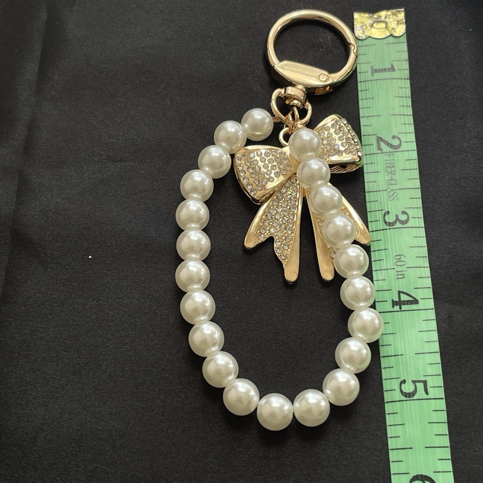 Coquette Pearl Bow Bag Charm Keychain Gold Tone Rhinestone Purse Accessory