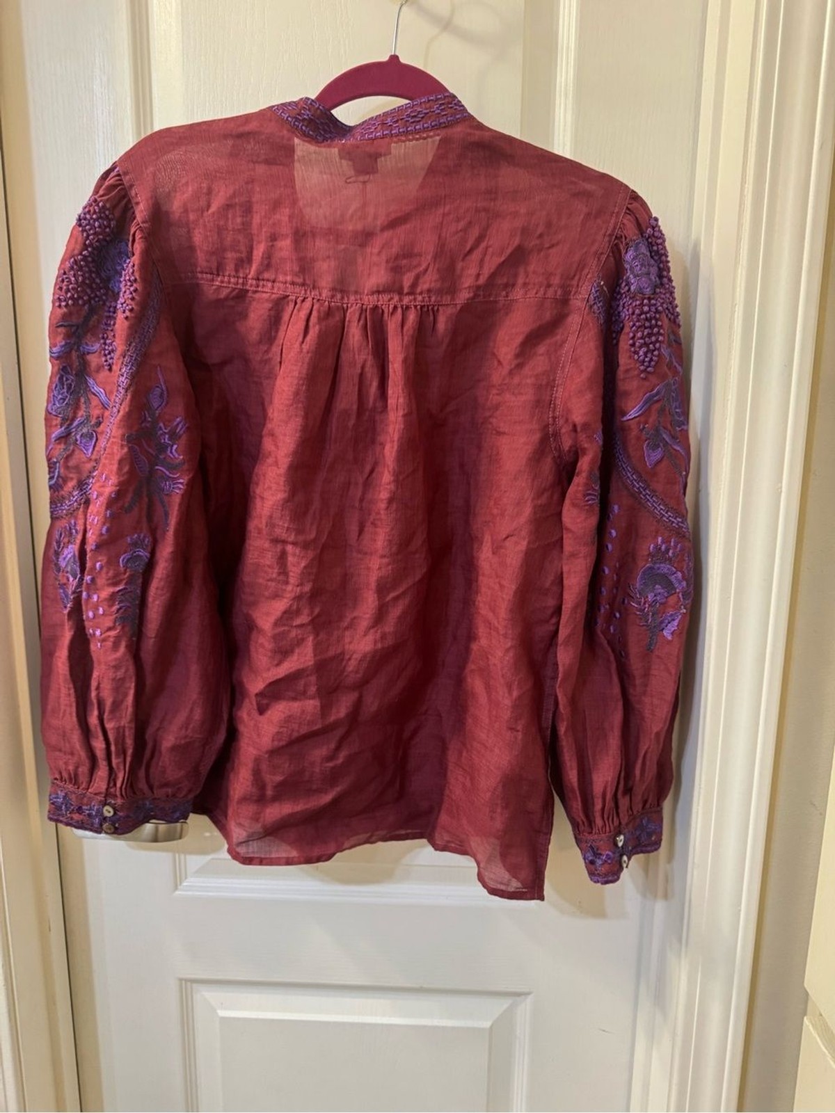 Sundance Embroidered Peasant Blouse – Wine with Purple Detail