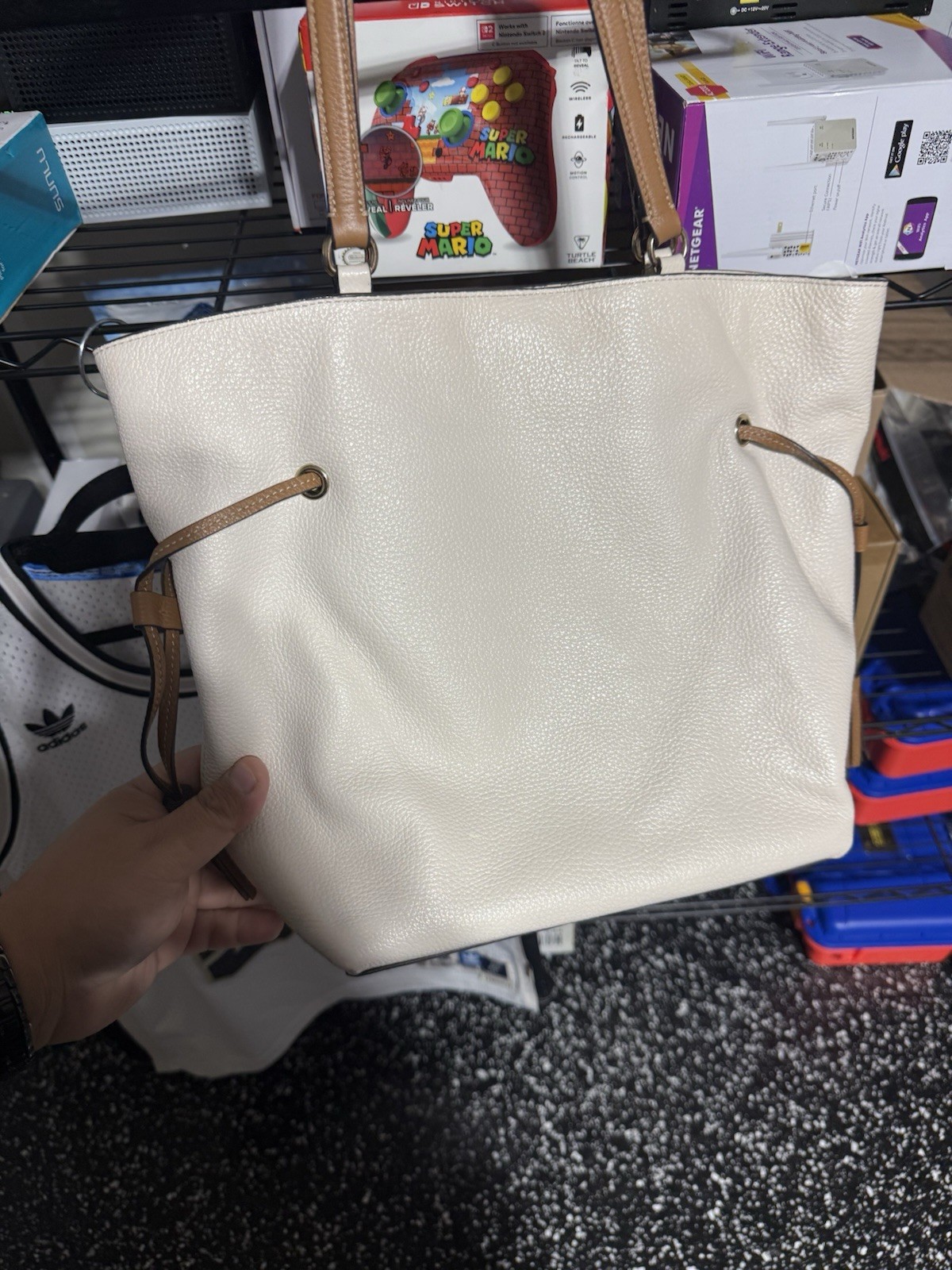 Coach Andy With Horse & Carriage Leather Tote Bag White & Brown Tassel Old Money