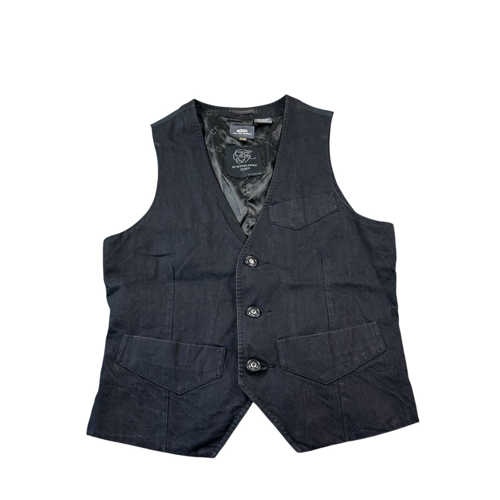 G-Star Raw Black Denim 3301 Metal Button Waistcoat Size Small S