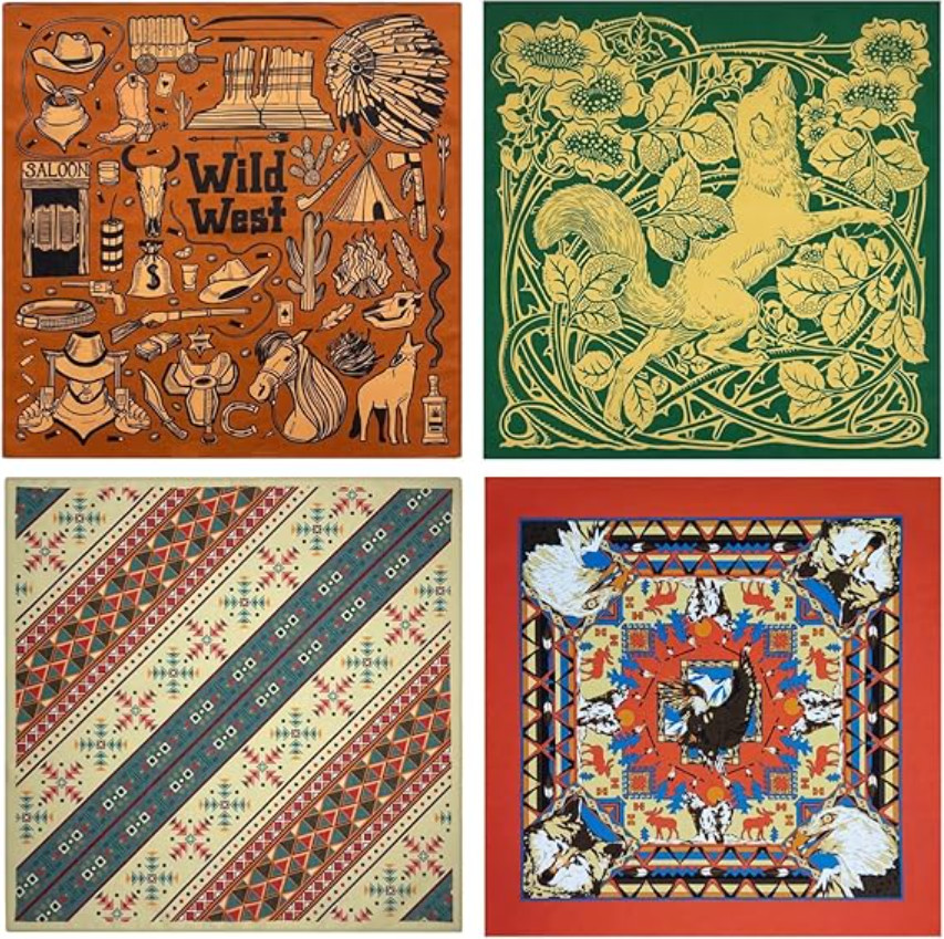 Bycc Bynn 4-Pack 100% Cotton Bandana Set, Vintage Graphic Print, 22×22 inches