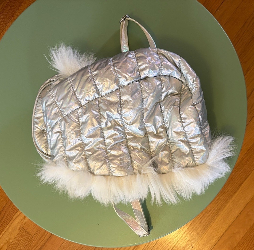 Club Exx Silver Iridescent Quilted Backpack with Faux Fur Trim