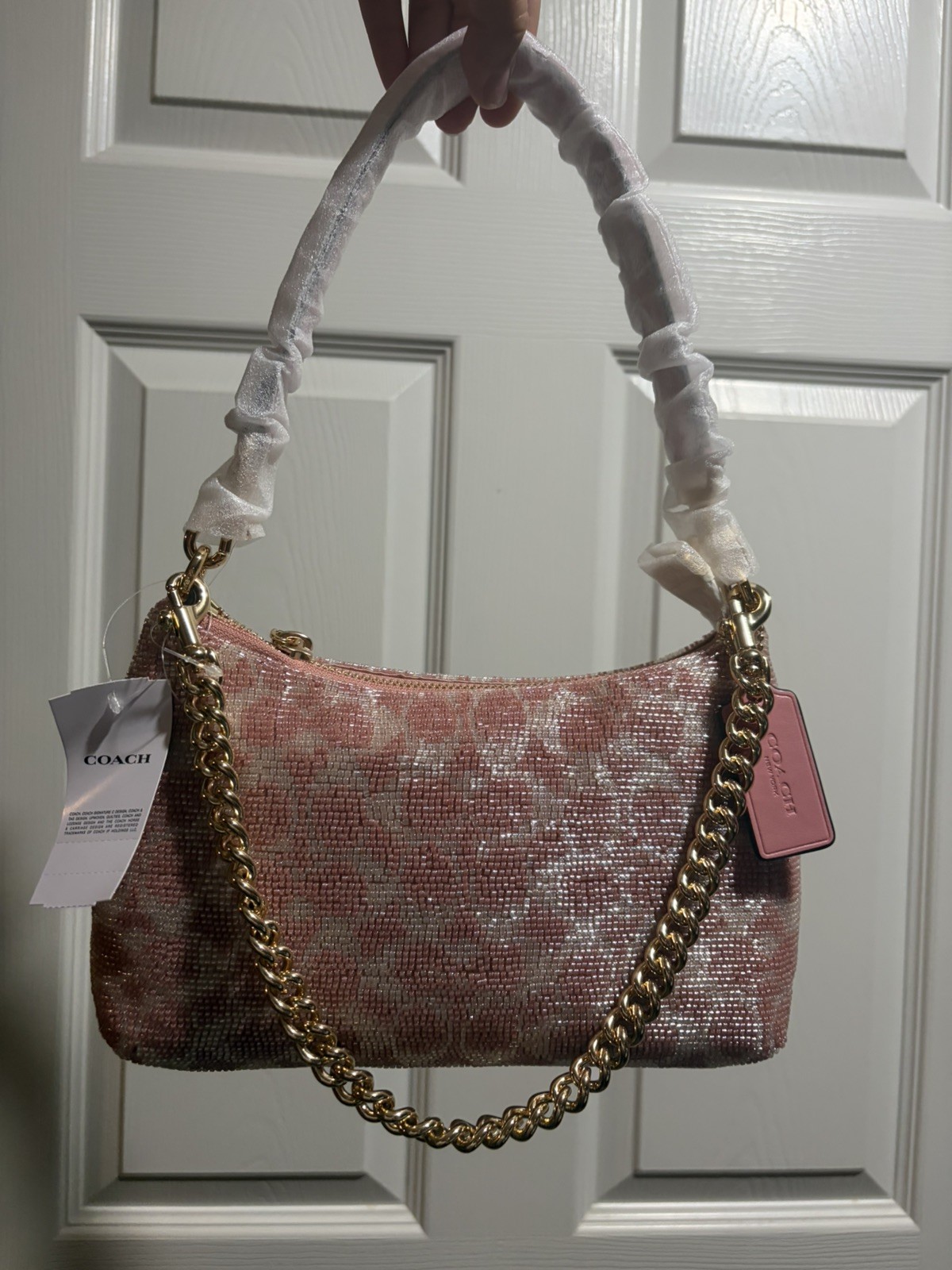 Coach Teri Shoulder Bag Beaded Satin in Pink w/ Gold Hardware Handbag