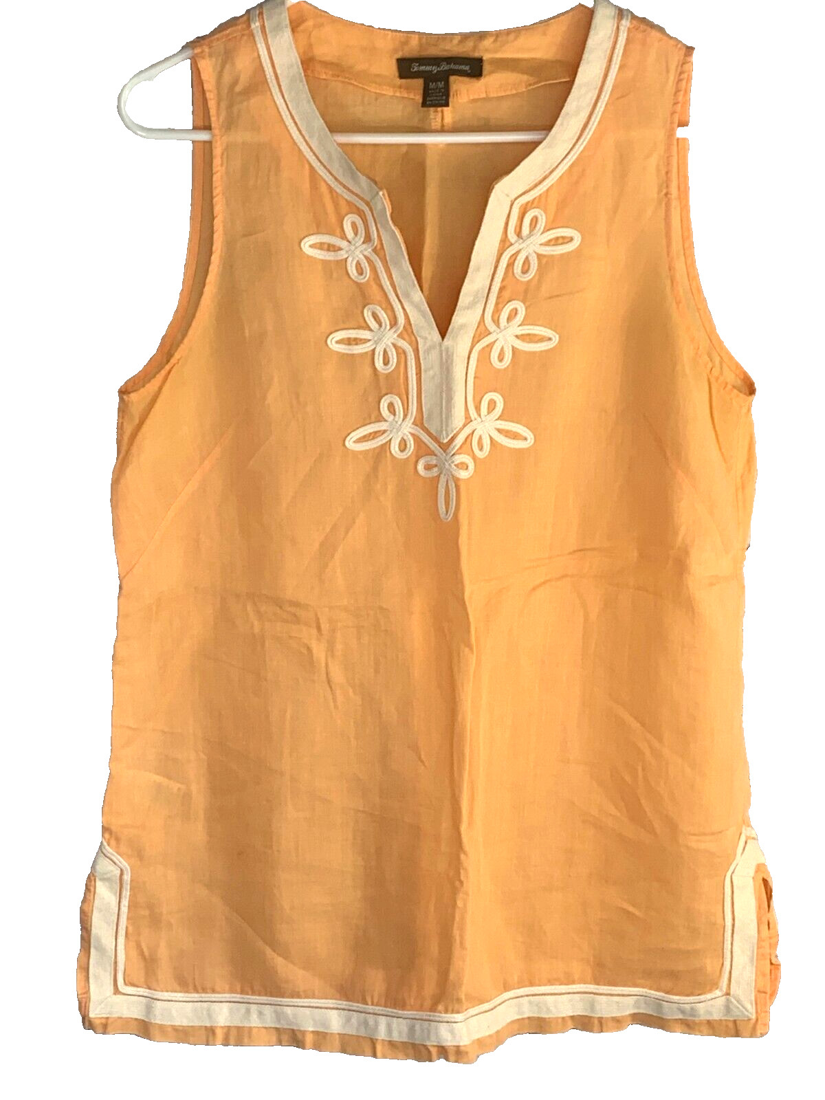 NEW Tommy Bahama Women Pale Yellowish Tunic Embroidered 100% Ramie Sleeveless M
